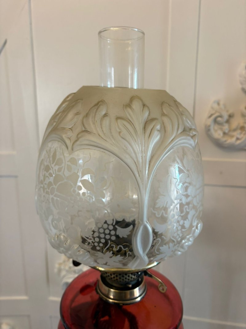 Antique Victorian Cranberry Glass Oil Lamp on Brass Corinthian Column